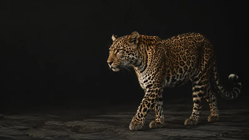 A leopard walking purposefully forward against black.