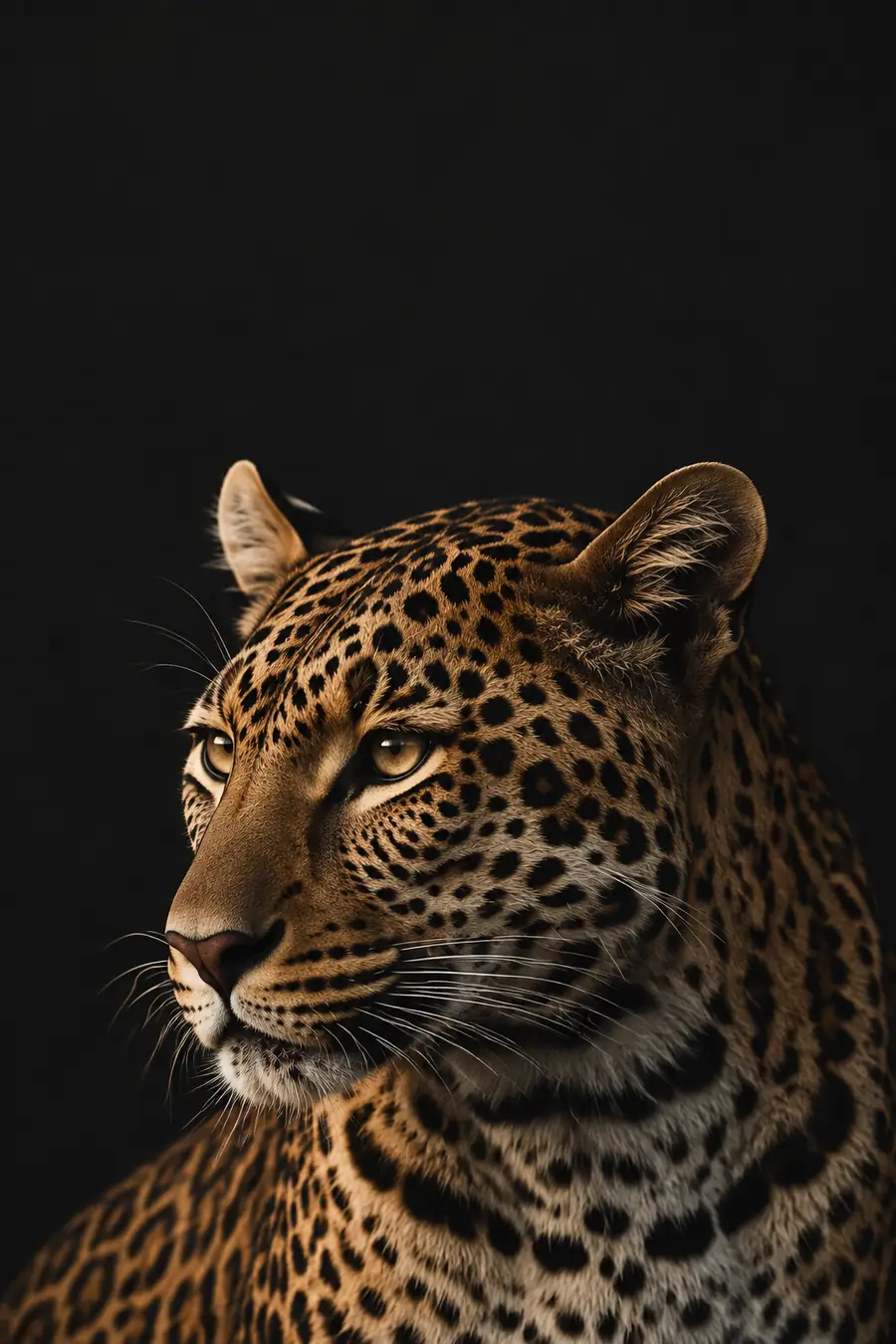 A leopard's head in profile against black, looking left.